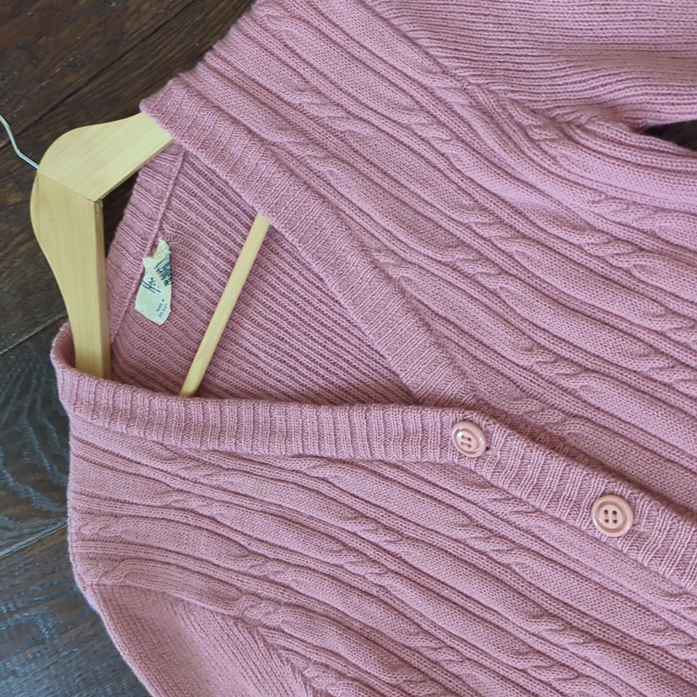 Vintage HOOPER ASSOCIATES Pink Cable Knit Wool Button Front Cardigan Sweater, S